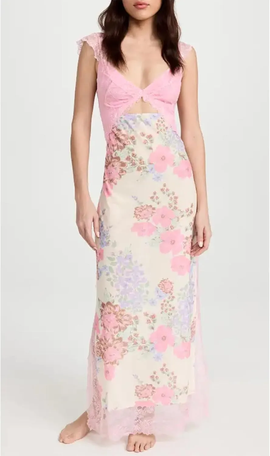 HOXIJIA Women Y2K Floral Lace Maxi Dress Sexy Low Cut Backless Side Slit Long Dress Summer Sleeveless Hollow Out Slip Dress