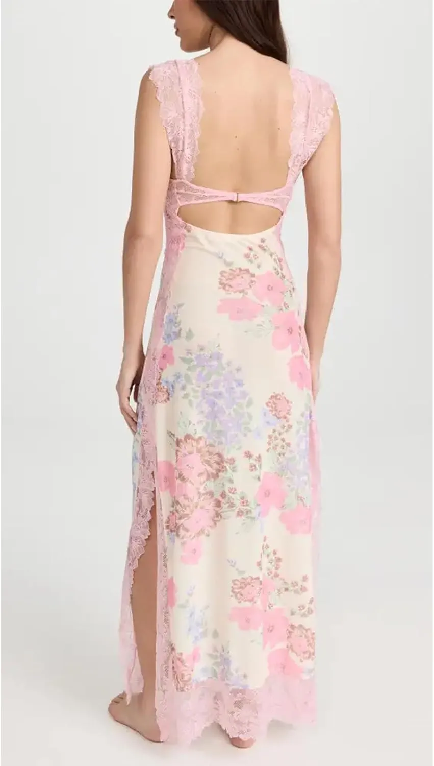 HOXIJIA Women Y2K Floral Lace Maxi Dress Sexy Low Cut Backless Side Slit Long Dress Summer Sleeveless Hollow Out Slip Dress