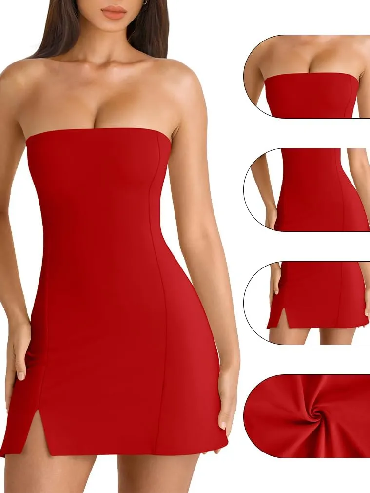HYZ Women's Tube Strapless Sleeveless Y2K Split Party A-Line Mini Dress