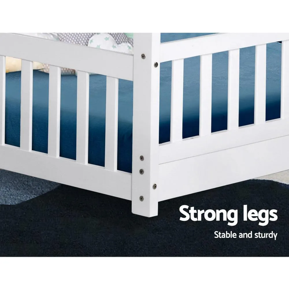 Kids Wooden House Style Single Bed Frame With Side Rails - White