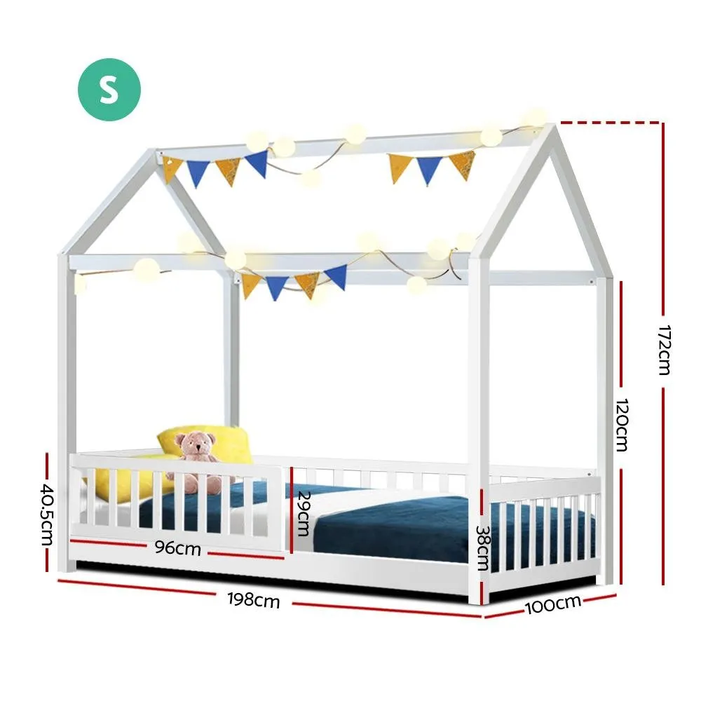 Kids Wooden House Style Single Bed Frame With Side Rails - White