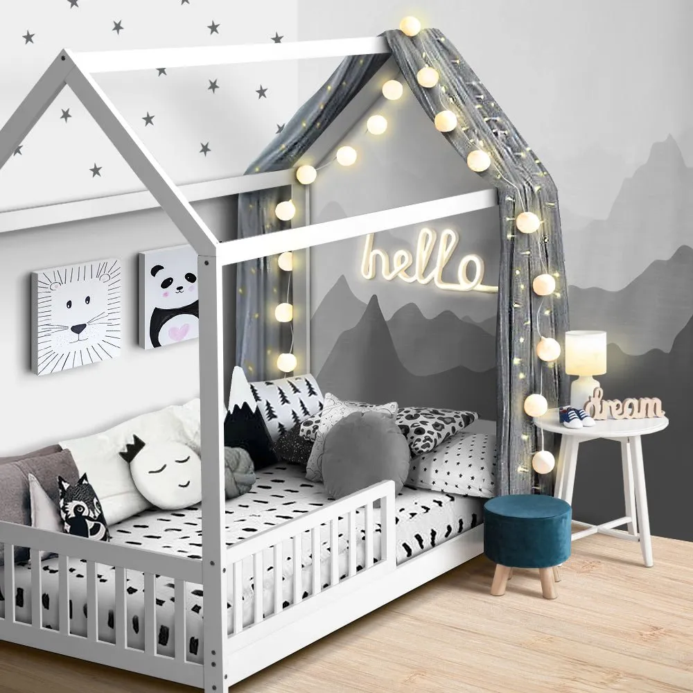 Kids Wooden House Style Single Bed Frame With Side Rails - White