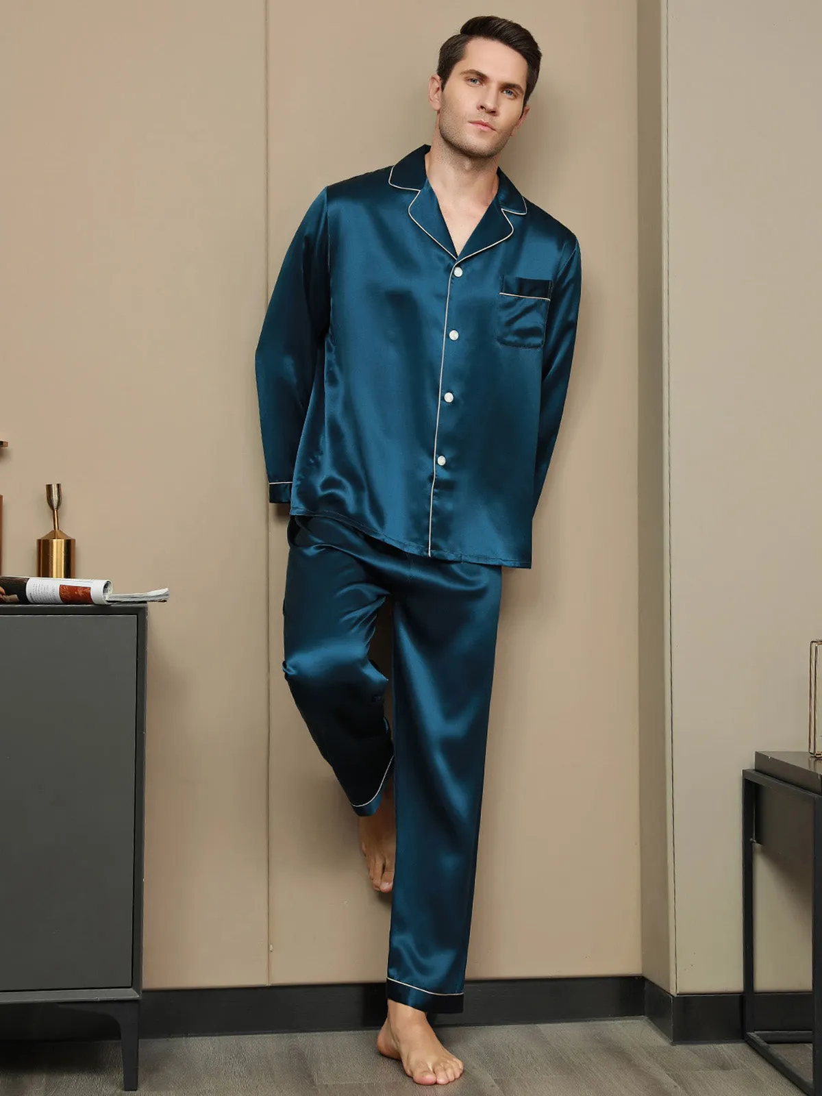 Luxurious Silk Men's Lapel Pyjamas 2Pcs