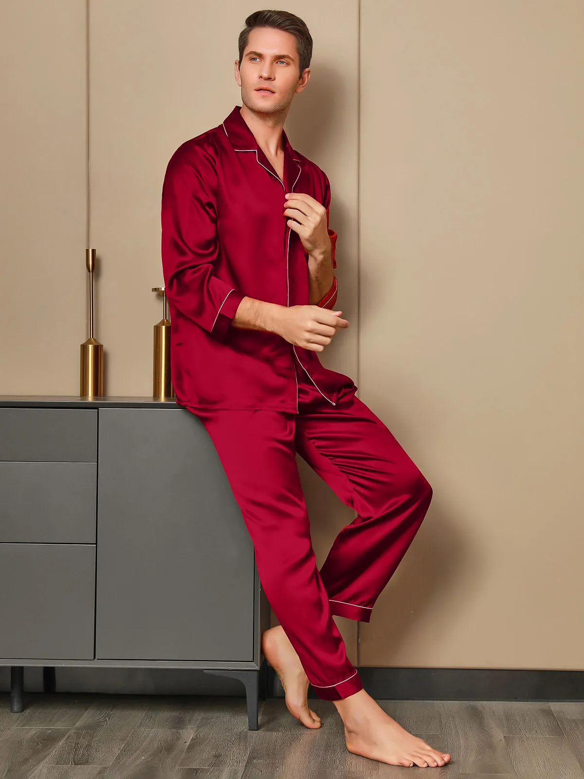 Luxurious Silk Men's Lapel Pyjamas 2Pcs