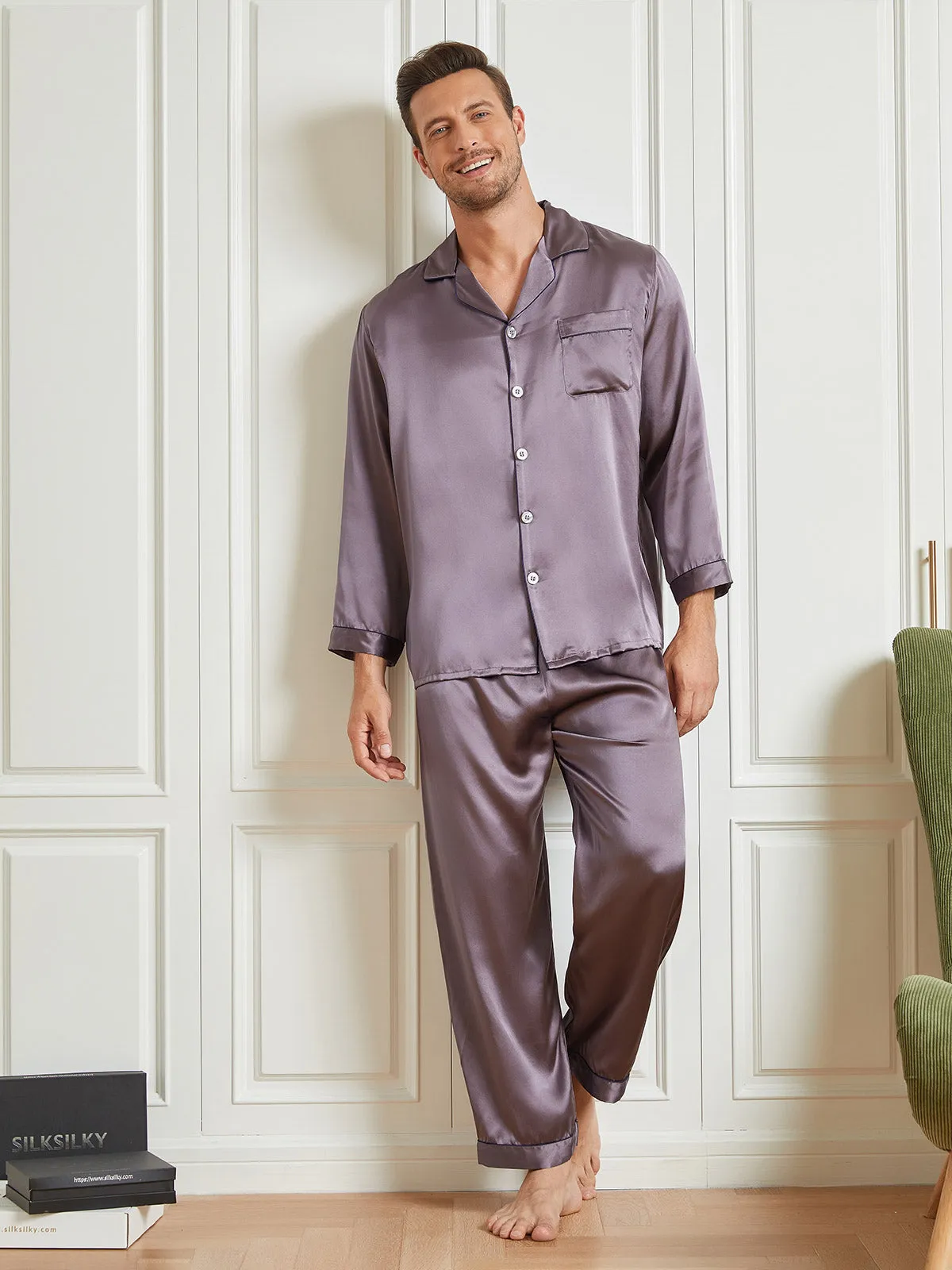 Luxurious Silk Men's Lapel Pyjamas 2Pcs