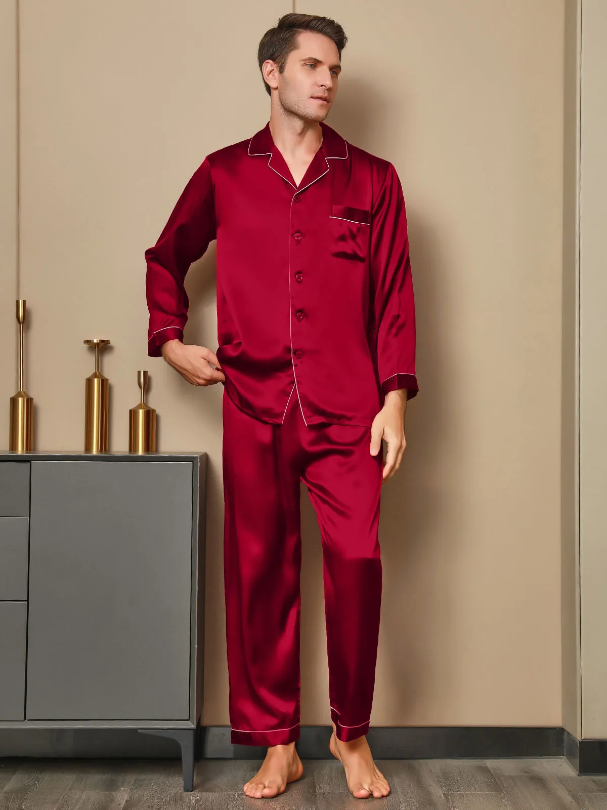 Luxurious Silk Men's Lapel Pyjamas 2Pcs