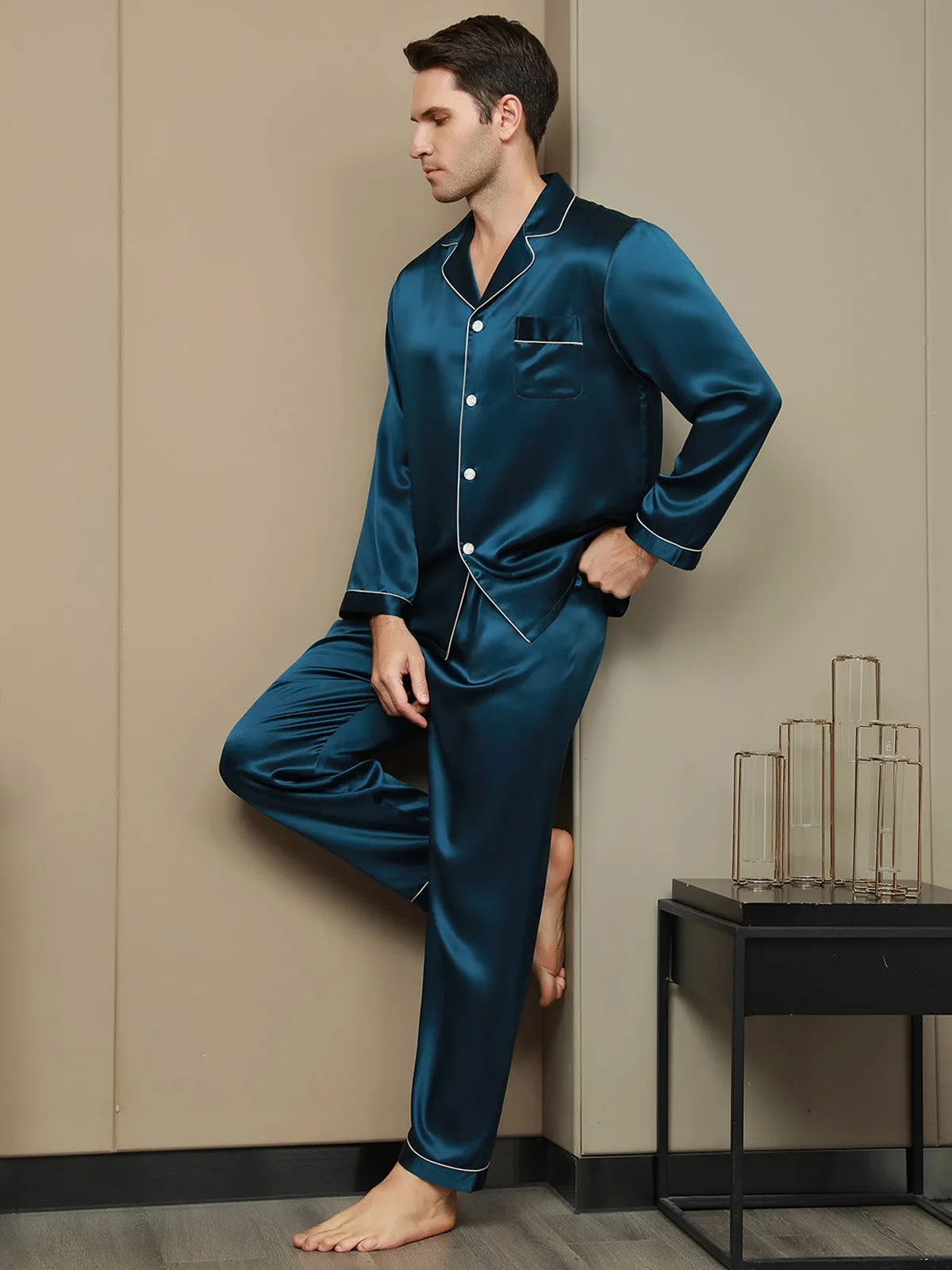 Luxurious Silk Men's Lapel Pyjamas 2Pcs