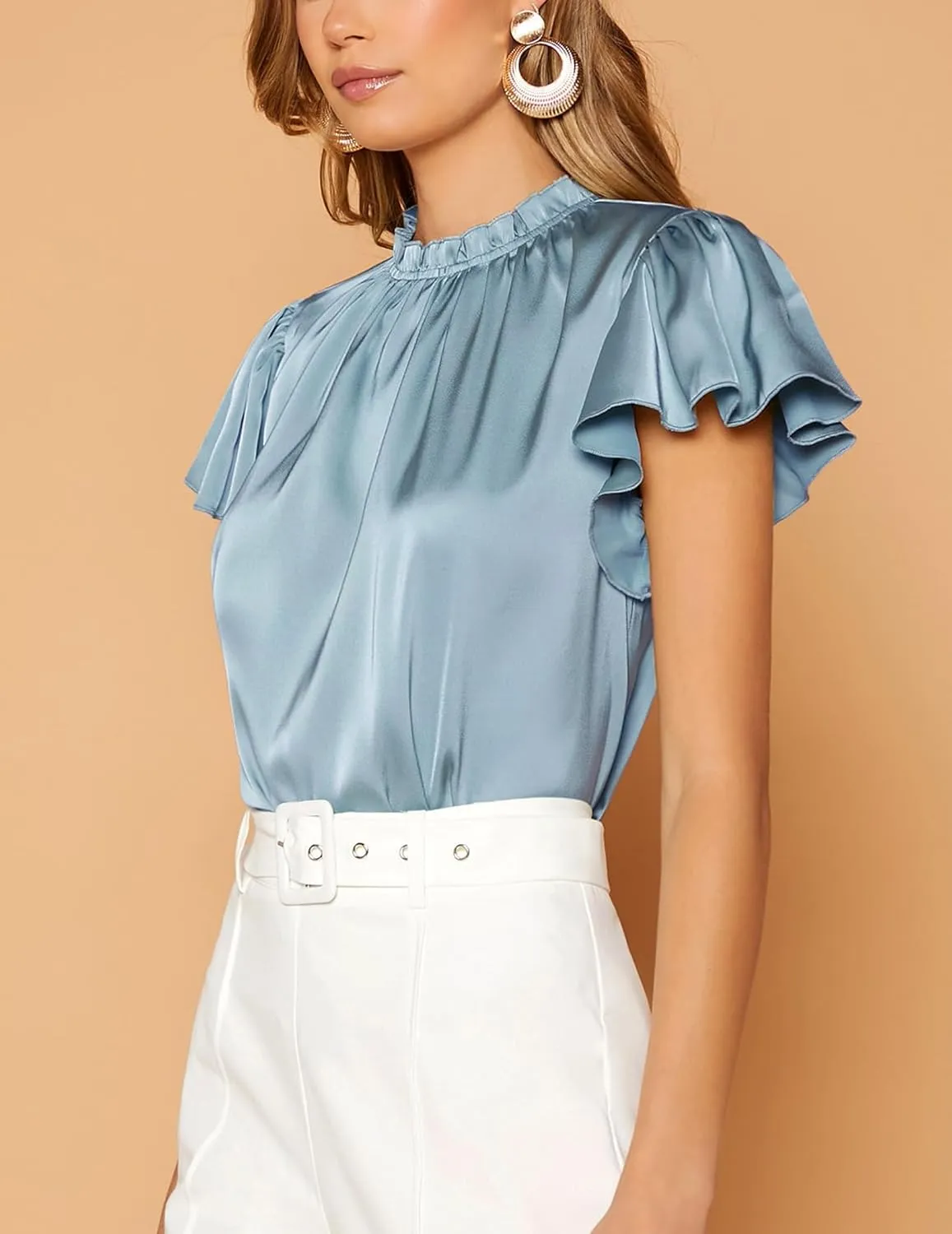 Maysoar Satin Tops for Women Frill Mock Neck Silk Blouse Casual Butterfly Sleeve Shirt