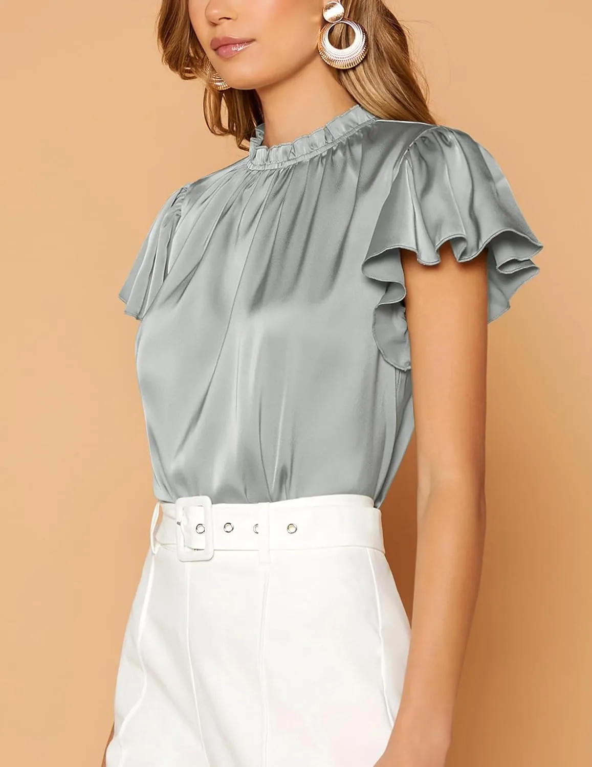 Maysoar Satin Tops for Women Frill Mock Neck Silk Blouse Casual Butterfly Sleeve Shirt