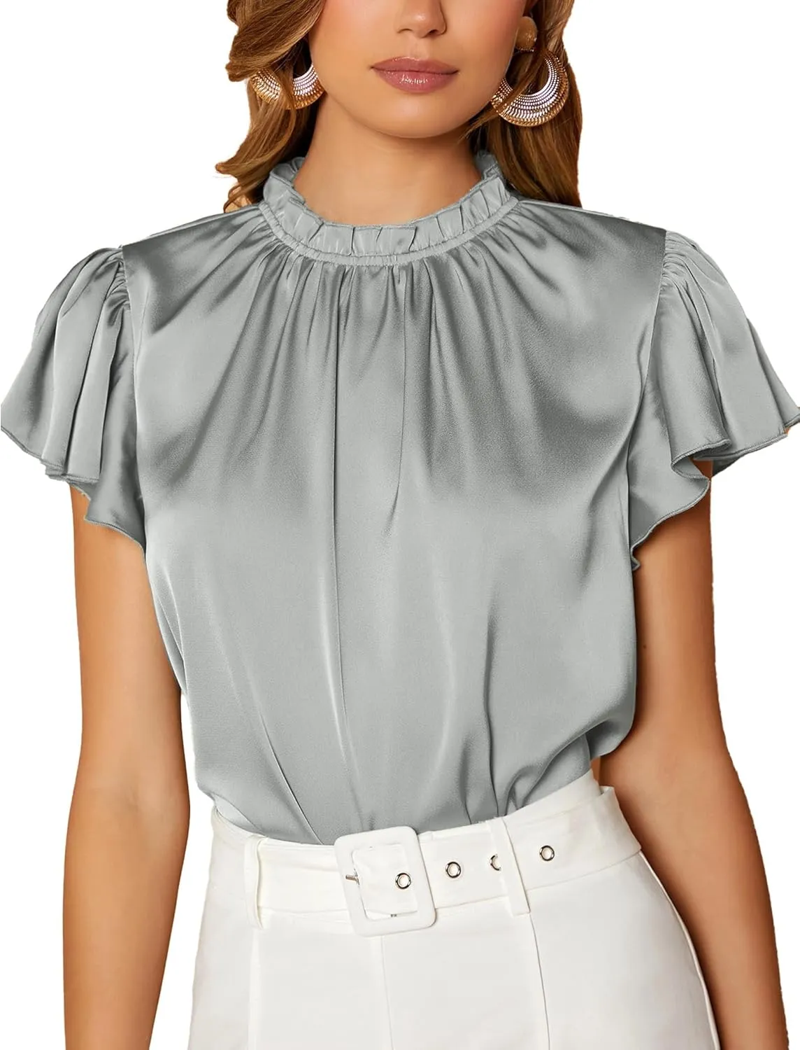 Maysoar Satin Tops for Women Frill Mock Neck Silk Blouse Casual Butterfly Sleeve Shirt