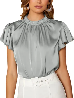 Maysoar Satin Tops for Women Frill Mock Neck Silk Blouse Casual Butterfly Sleeve Shirt