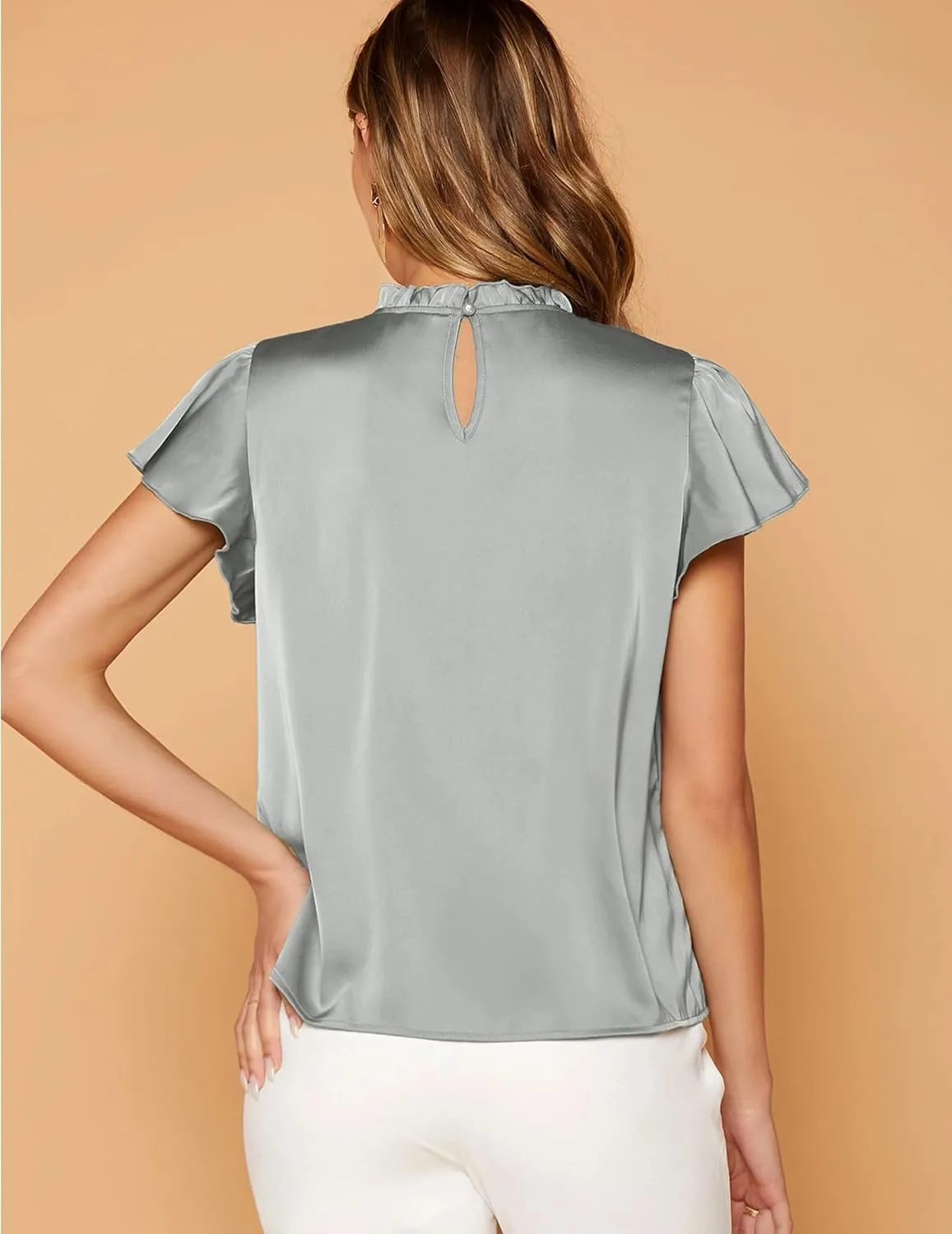 Maysoar Satin Tops for Women Frill Mock Neck Silk Blouse Casual Butterfly Sleeve Shirt