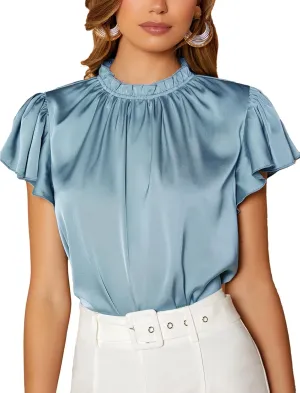 Maysoar Satin Tops for Women Frill Mock Neck Silk Blouse Casual Butterfly Sleeve Shirt