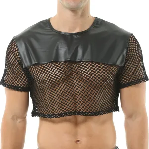 Men's Fishnet Crop Tops Mesh T Shirt See Through Undershirt Nightwear Sheer Shirt