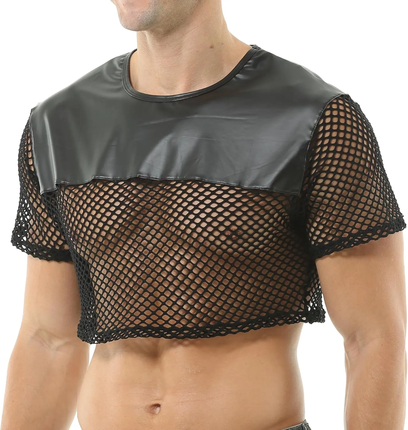 Men's Fishnet Crop Tops Mesh T Shirt See Through Undershirt Nightwear Sheer Shirt