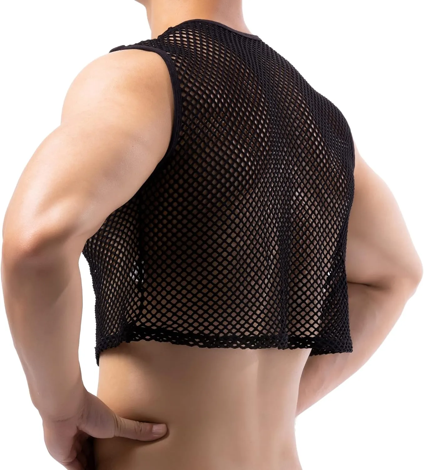 Men's Fishnet Crop Tops Mesh T Shirt See Through Undershirt Nightwear Sheer Shirt