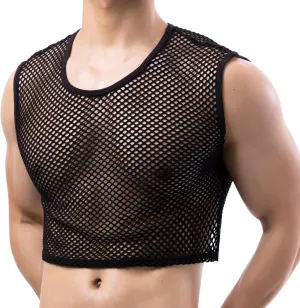 Men's Fishnet Crop Tops Mesh T Shirt See Through Undershirt Nightwear Sheer Shirt