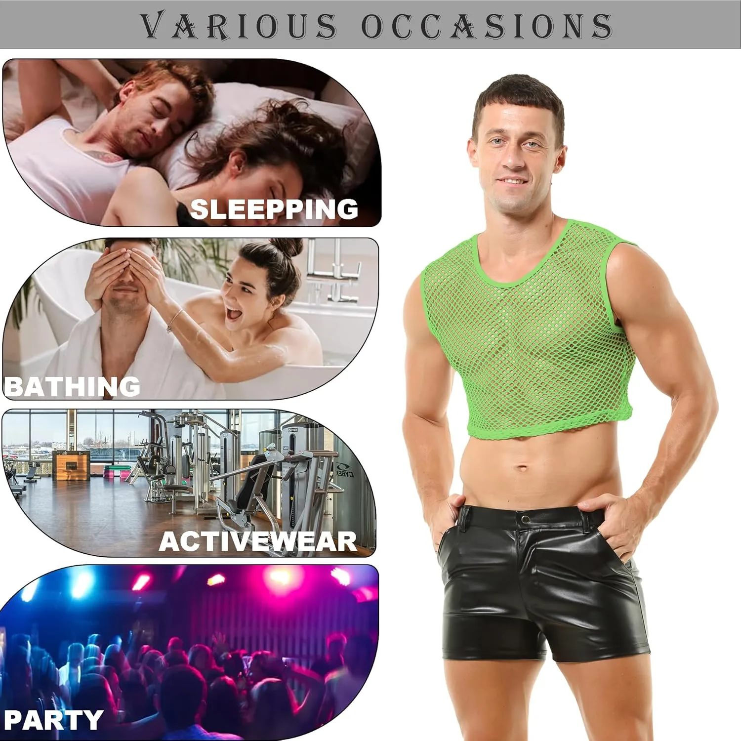 Men's Fishnet Crop Tops Mesh T Shirt See Through Undershirt Nightwear Sheer Shirt