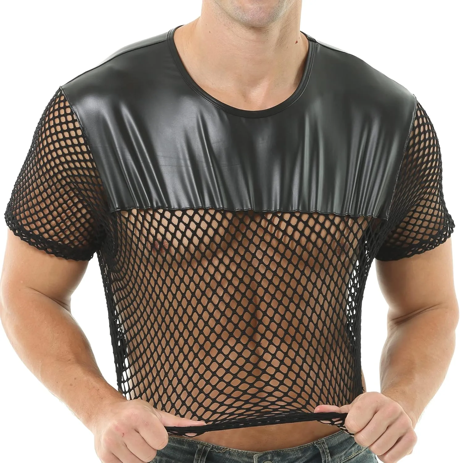 Men's Fishnet Crop Tops Mesh T Shirt See Through Undershirt Nightwear Sheer Shirt