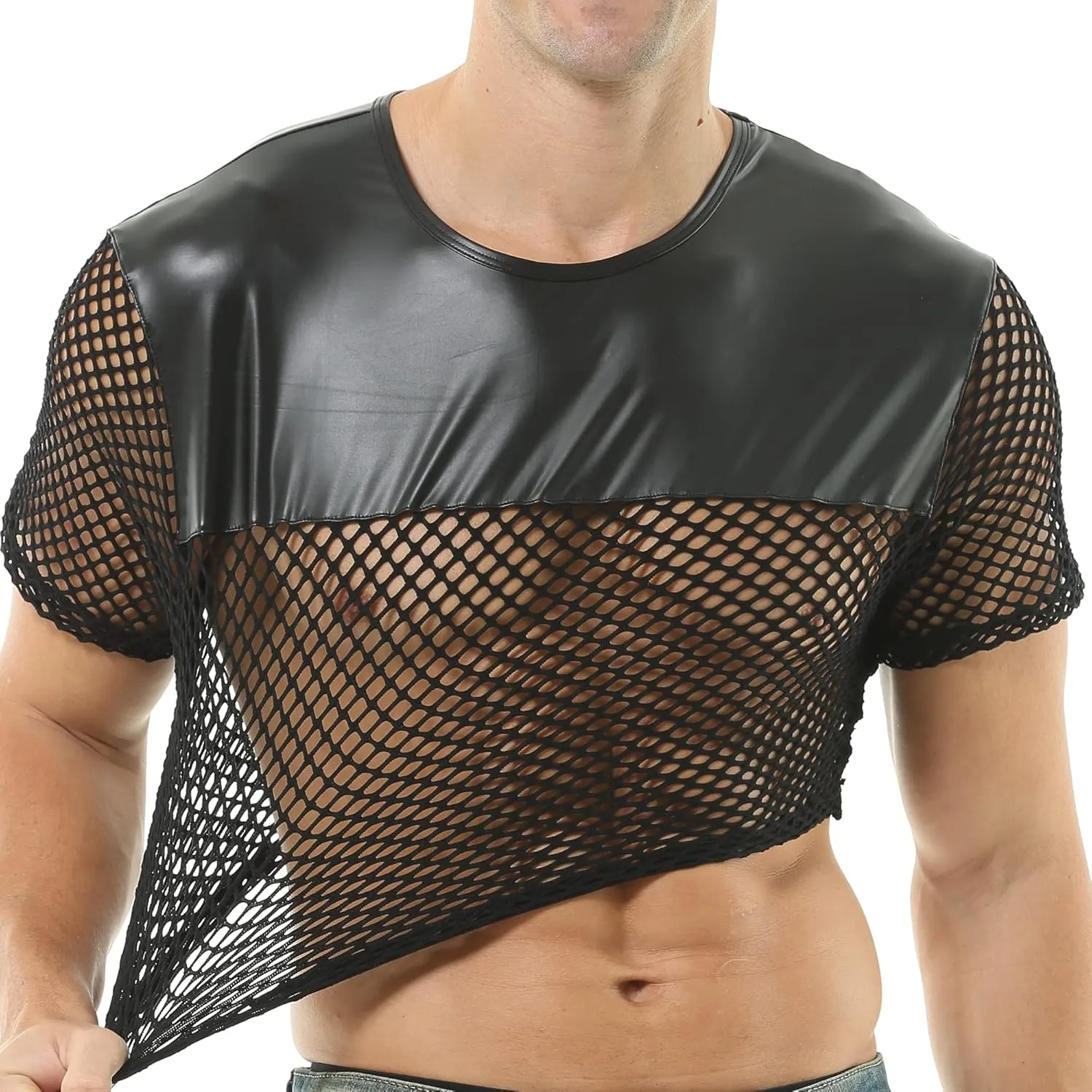 Men's Fishnet Crop Tops Mesh T Shirt See Through Undershirt Nightwear Sheer Shirt