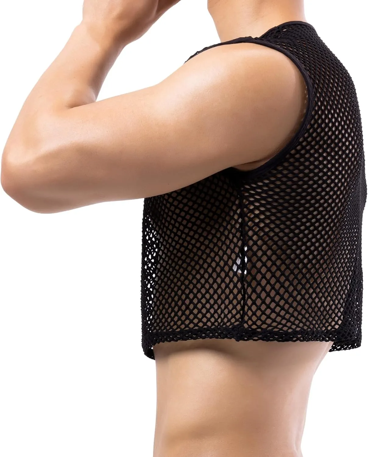 Men's Fishnet Crop Tops Mesh T Shirt See Through Undershirt Nightwear Sheer Shirt
