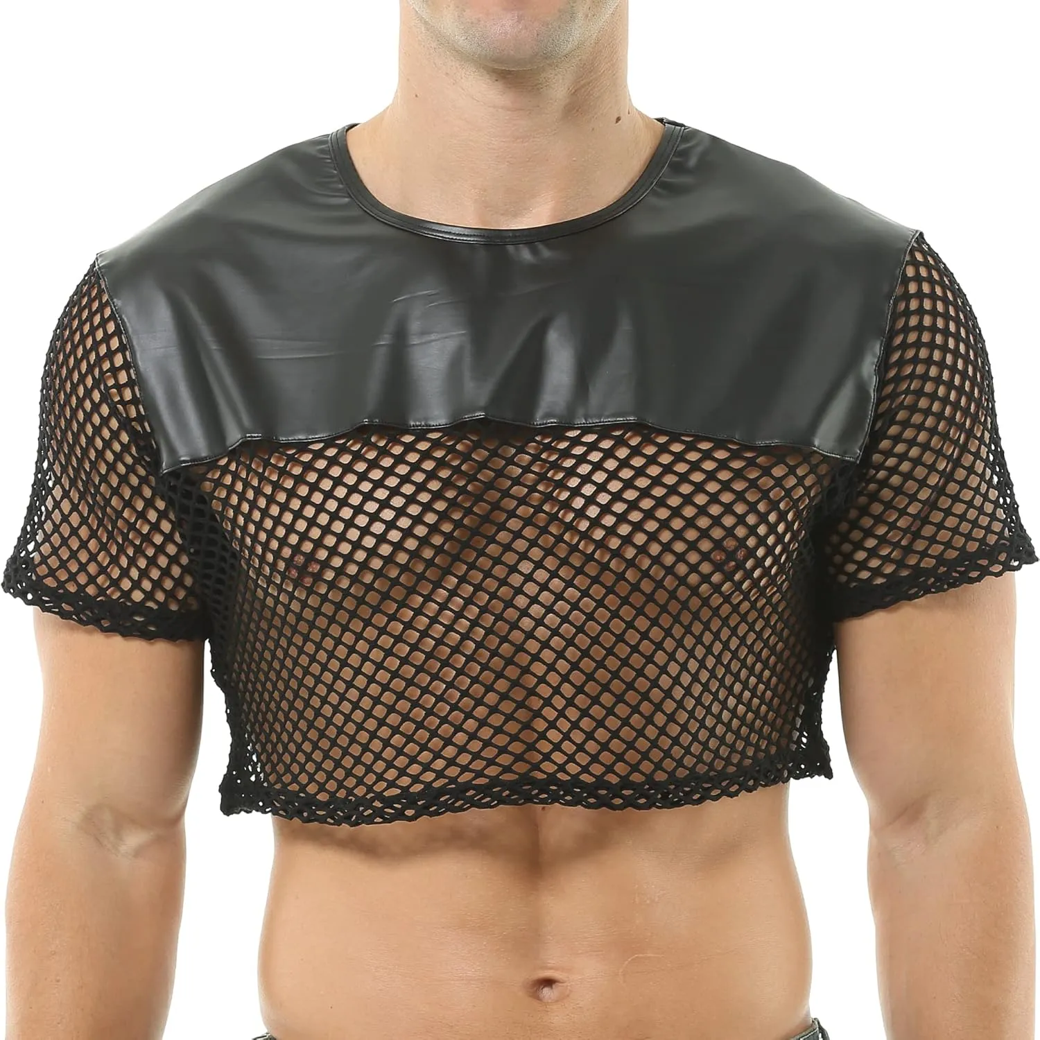 Men's Fishnet Crop Tops Mesh T Shirt See Through Undershirt Nightwear Sheer Shirt