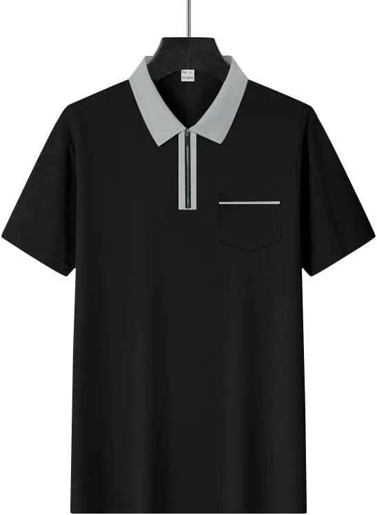 Mens Quarter Zip Golf Polo Short Sleeve Shirts Leisure Color Block Lapel Zipper Polo T Shirt Slim Fit Tee Clothes