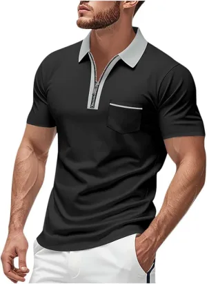 Mens Quarter Zip Golf Polo Short Sleeve Shirts Leisure Color Block Lapel Zipper Polo T Shirt Slim Fit Tee Clothes