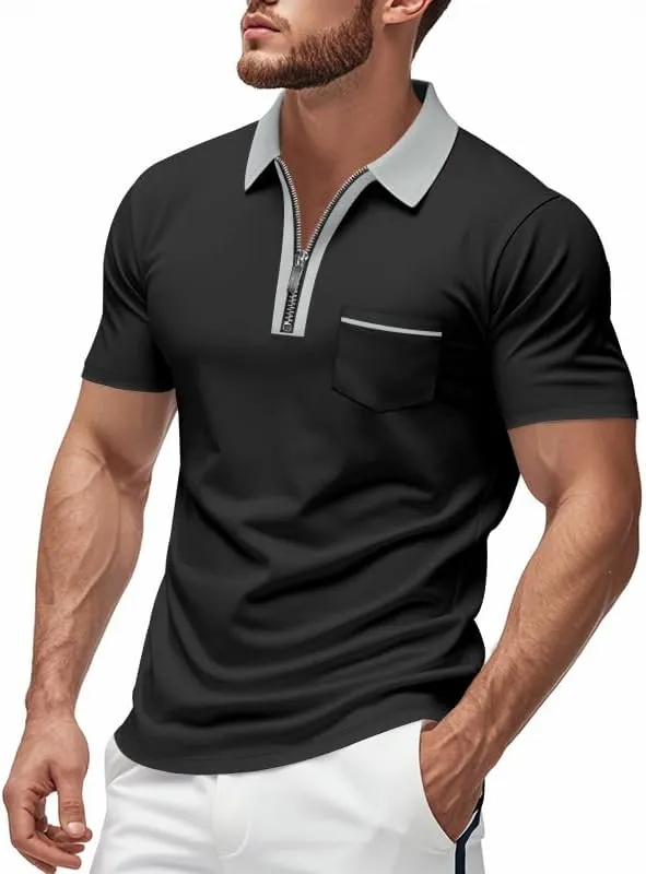 Mens Quarter Zip Golf Polo Short Sleeve Shirts Leisure Color Block Lapel Zipper Polo T Shirt Slim Fit Tee Clothes