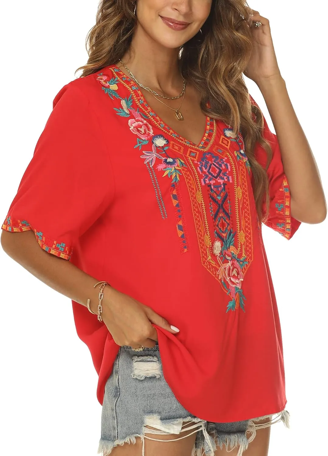 Mexican Embroidered Tops for Women Summer Short Sleeve Boho Shirts Peasant Blouses, Loose Fitting Bohemian Top Hippie Clothes
