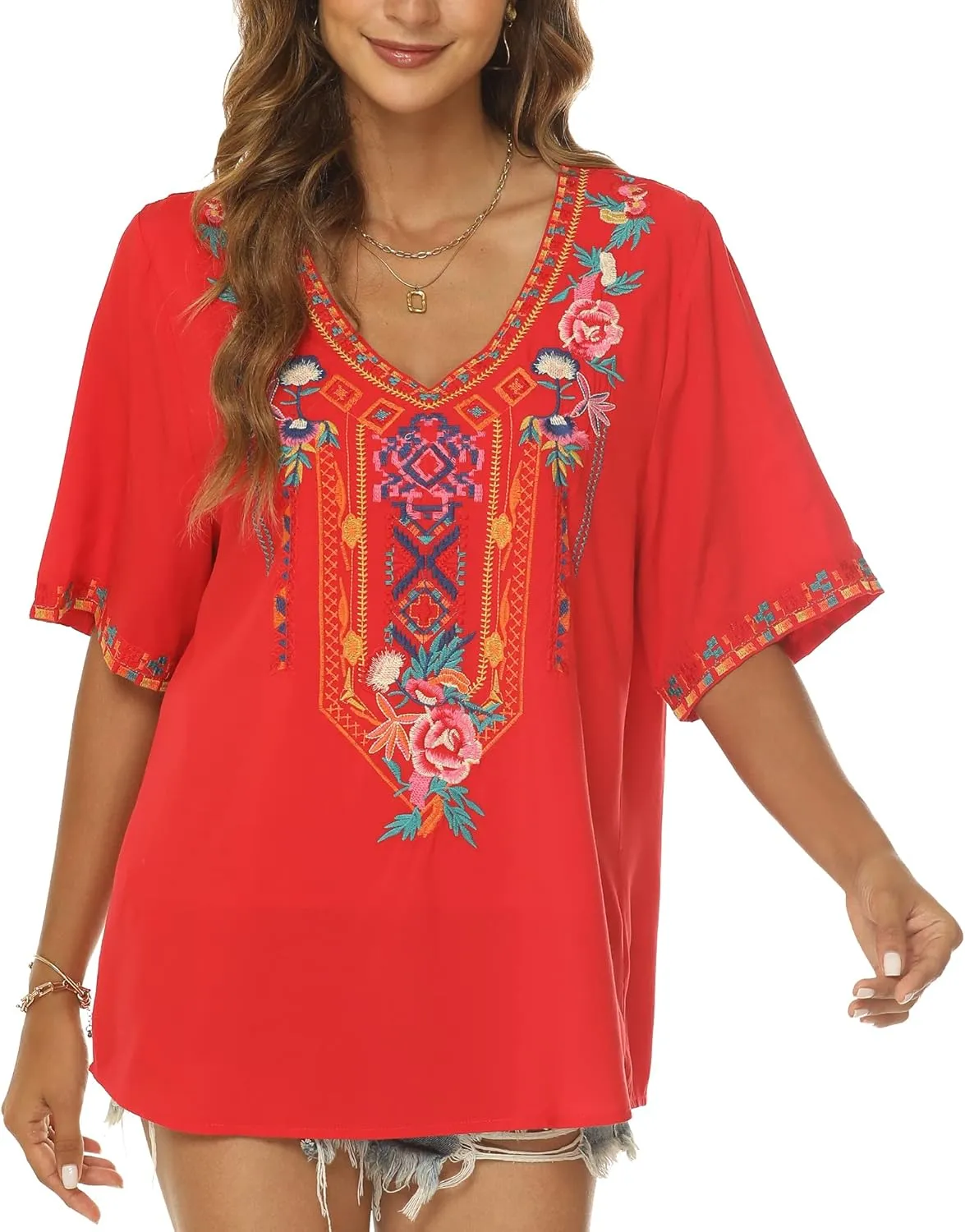 Mexican Embroidered Tops for Women Summer Short Sleeve Boho Shirts Peasant Blouses, Loose Fitting Bohemian Top Hippie Clothes