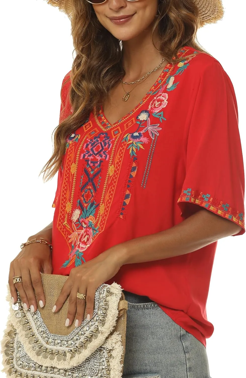 Mexican Embroidered Tops for Women Summer Short Sleeve Boho Shirts Peasant Blouses, Loose Fitting Bohemian Top Hippie Clothes