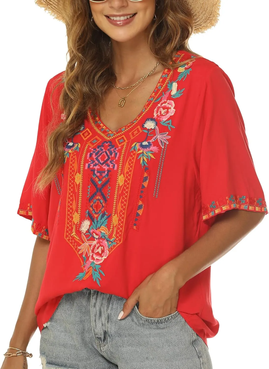 Mexican Embroidered Tops for Women Summer Short Sleeve Boho Shirts Peasant Blouses, Loose Fitting Bohemian Top Hippie Clothes