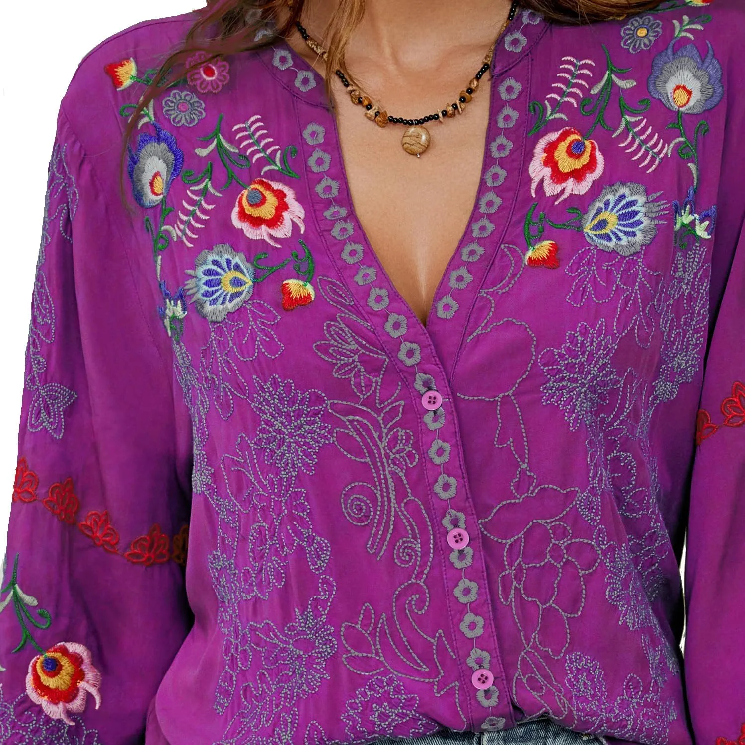 Mexican Shirts Peasant Blouses Cotton Embroidered 3/4 Sleeve Summer V Neck Tunic Bohemian Tops Boho Clothes for Women