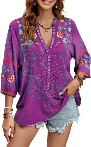 Mexican Shirts Peasant Blouses Cotton Embroidered 3/4 Sleeve Summer V Neck Tunic Bohemian Tops Boho Clothes for Women