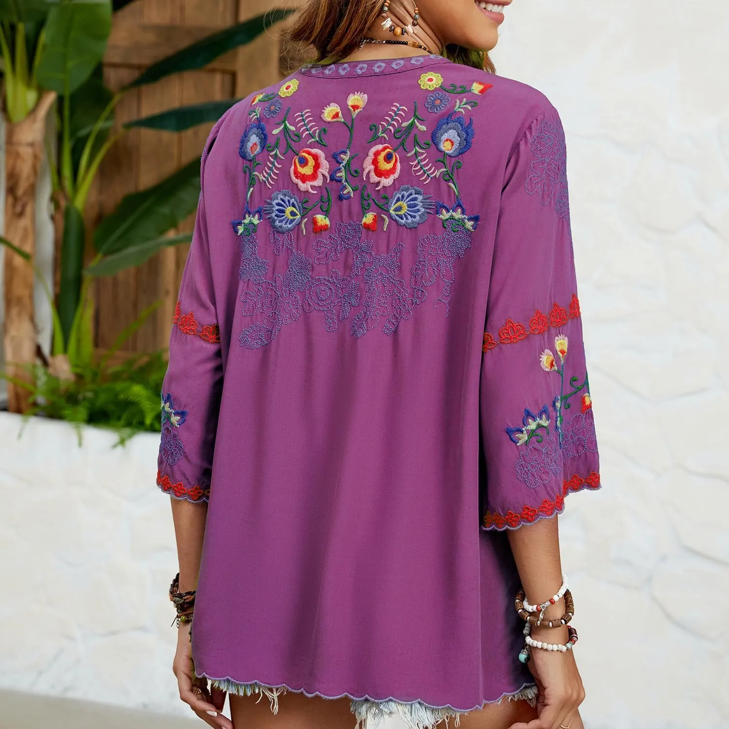Mexican Shirts Peasant Blouses Cotton Embroidered 3/4 Sleeve Summer V Neck Tunic Bohemian Tops Boho Clothes for Women