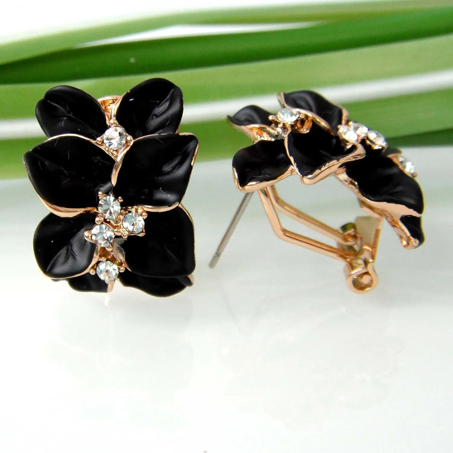 Navachi 18k Gold Plated White Crystal colorful Enamel Leaves Flower Omega Back Earrings