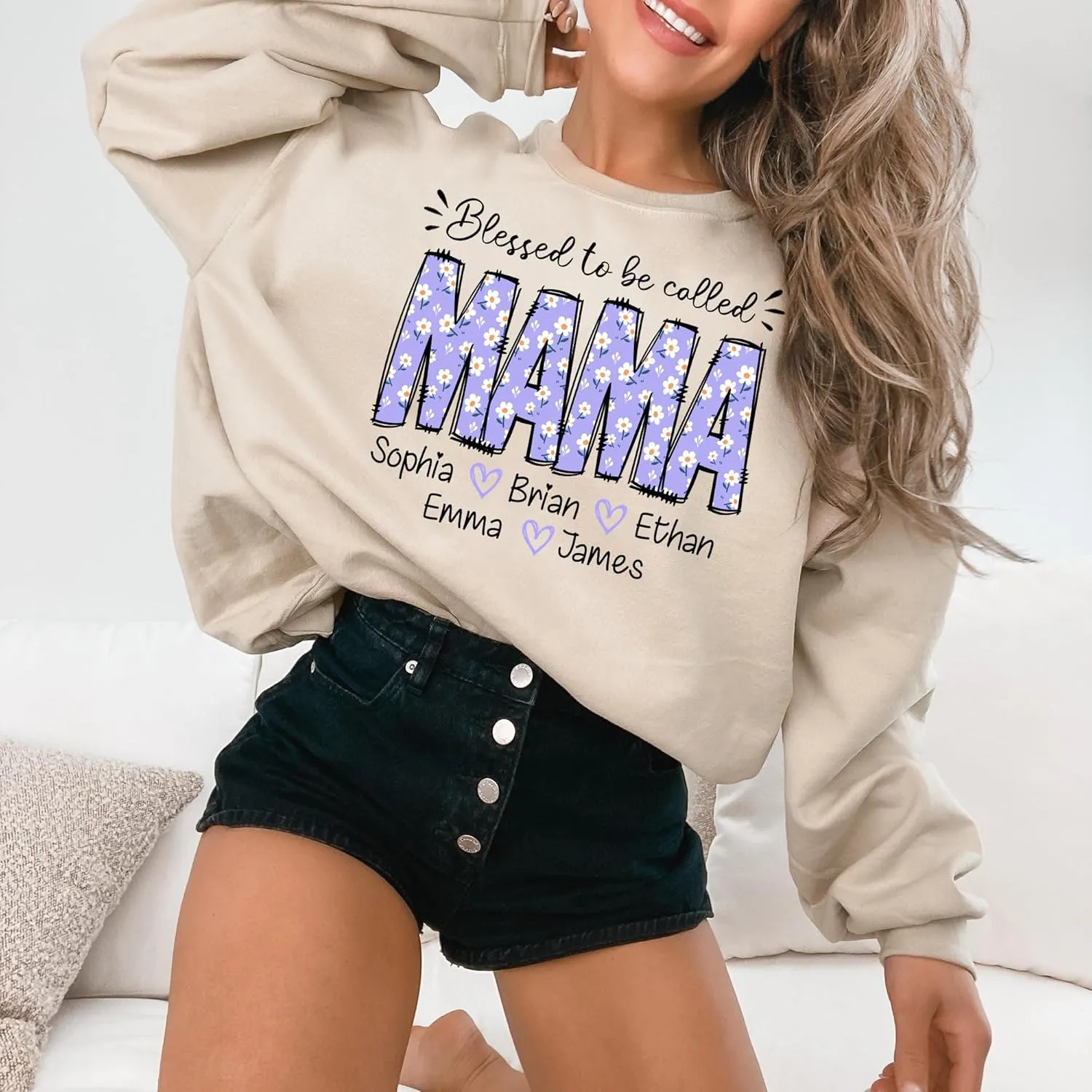 NAZENTI Personalized Grandma Shirts, Custom Mama Purple Daisy Shirt With Kids Names, Mothers Day Sweatshirt Gifts for Women