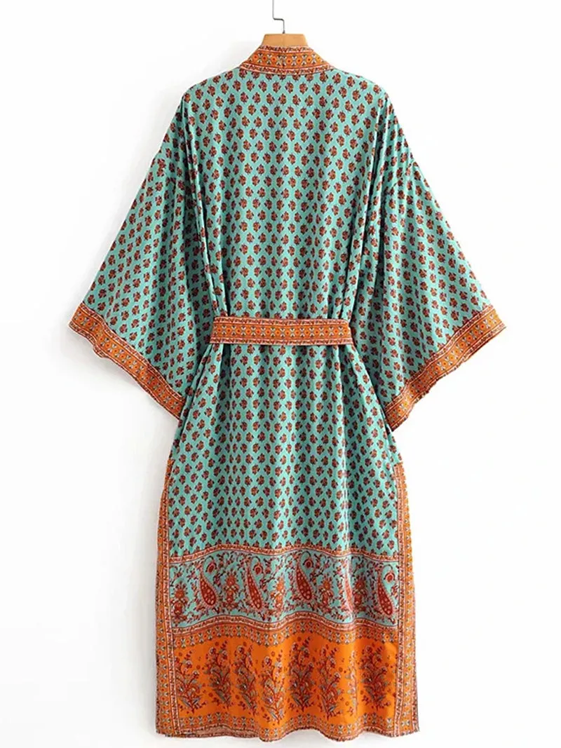 Bohemian Print Kimono Duster Robe in Vibrant Contrast Green, Long-Length Cotton Nightgown