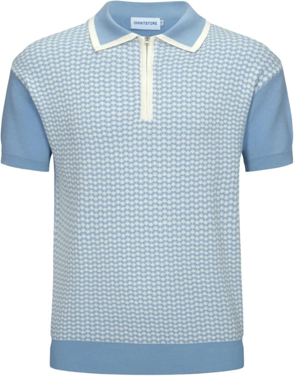 OXKNIT Men's Zipper Retro Polo Shirt Textured Casual Knit Short Sleeve Blue Polo T Shirt