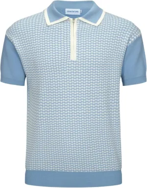 OXKNIT Men's Zipper Retro Polo Shirt Textured Casual Knit Short Sleeve Blue Polo T Shirt