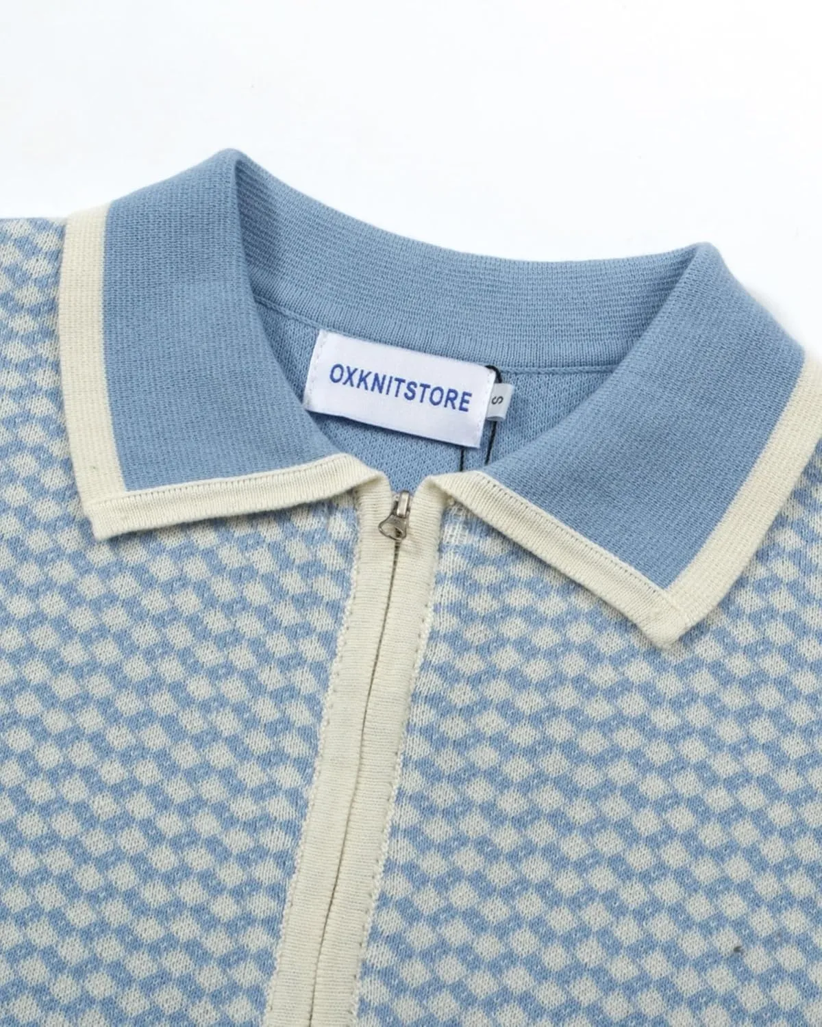 OXKNIT Men's Zipper Retro Polo Shirt Textured Casual Knit Short Sleeve Blue Polo T Shirt