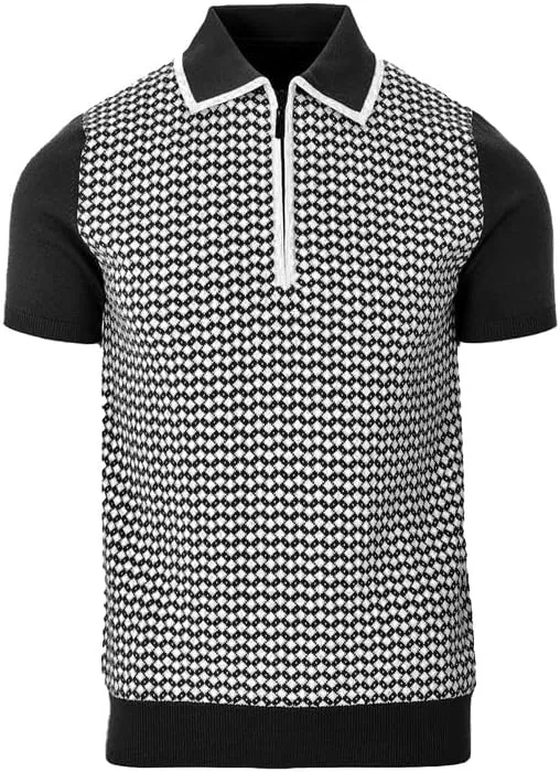 OXKNIT Men's Zipper Retro Polo Shirt Textured Casual Knit Short Sleeve Blue Polo T Shirt