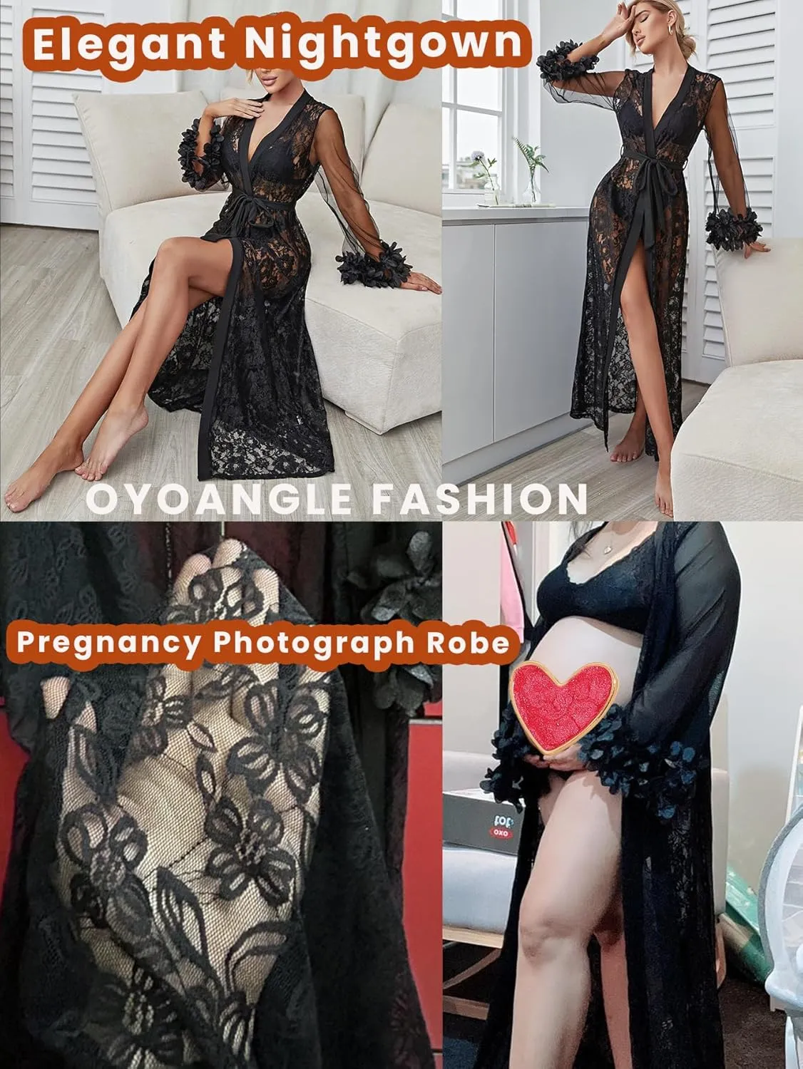 OYOANGLE Women's Long Lace Nightgown Appliques Sheer Mesh Bride Bridesmaids Wedding Kimono Robe