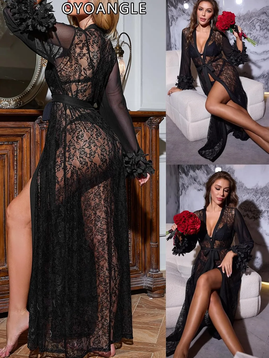 OYOANGLE Women's Long Lace Nightgown Appliques Sheer Mesh Bride Bridesmaids Wedding Kimono Robe