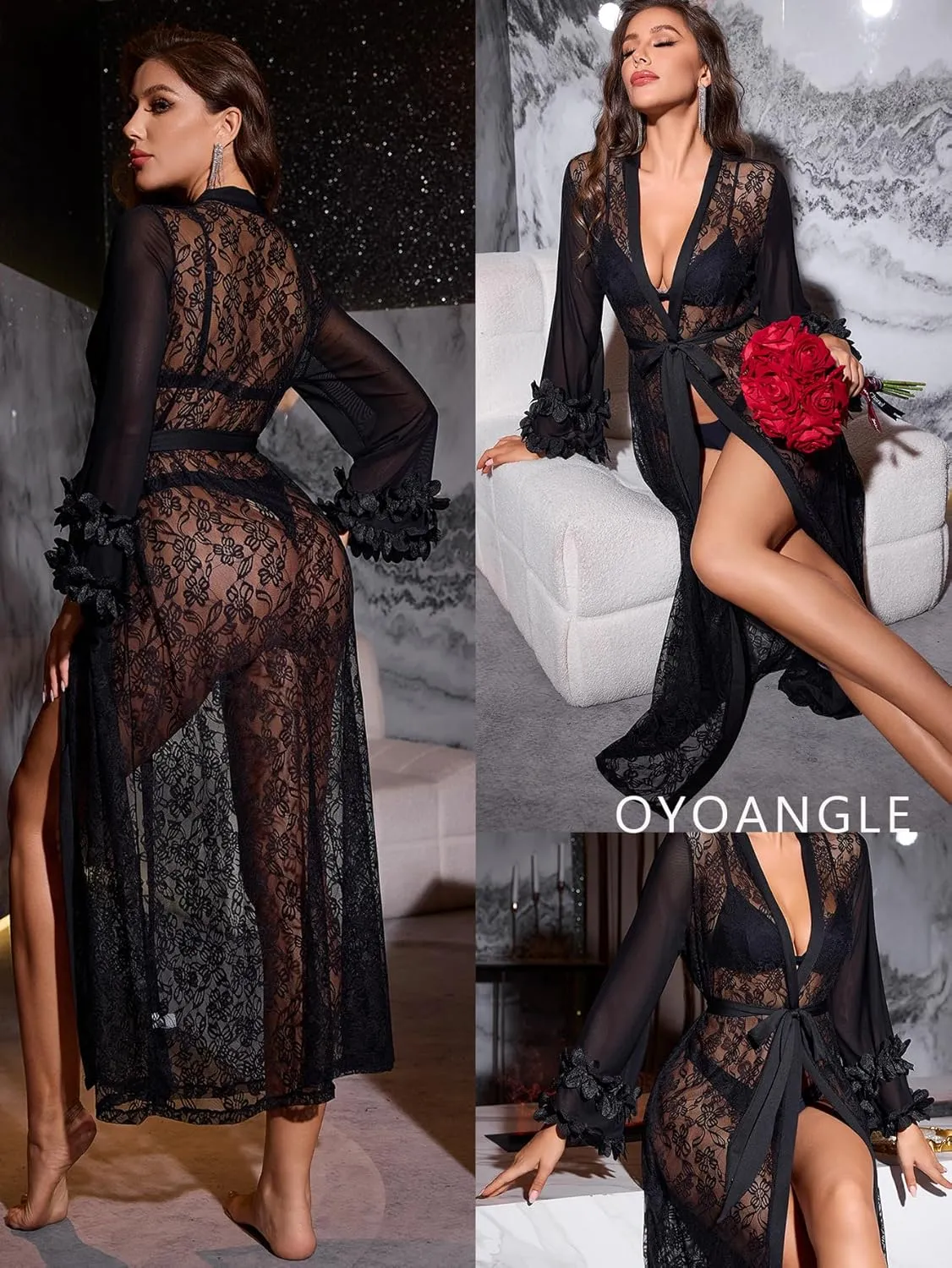 OYOANGLE Women's Long Lace Nightgown Appliques Sheer Mesh Bride Bridesmaids Wedding Kimono Robe