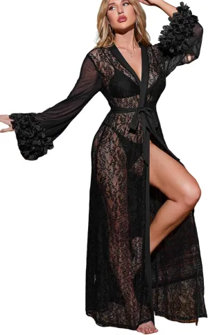 OYOANGLE Women's Long Lace Nightgown Appliques Sheer Mesh Bride Bridesmaids Wedding Kimono Robe