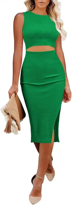 Pink Queen Women's Crew Neck Sleeveless Cutout Side Slit Knee Length Bodycon Midi Dress