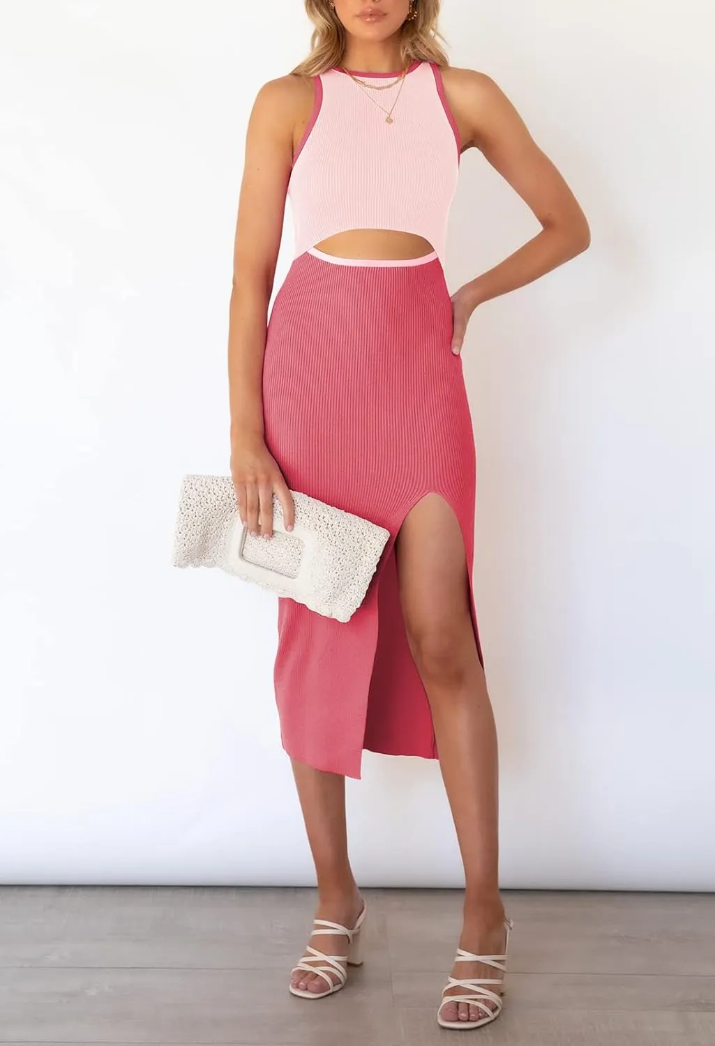 Pink Queen Women's Cutout Crew Neck Sleeveless Tank Slit Ribbed Bodycon Midi Dresses