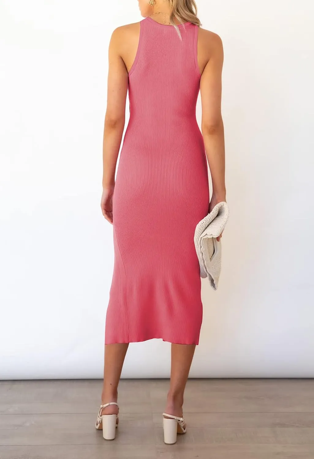 Pink Queen Women's Cutout Crew Neck Sleeveless Tank Slit Ribbed Bodycon Midi Dresses